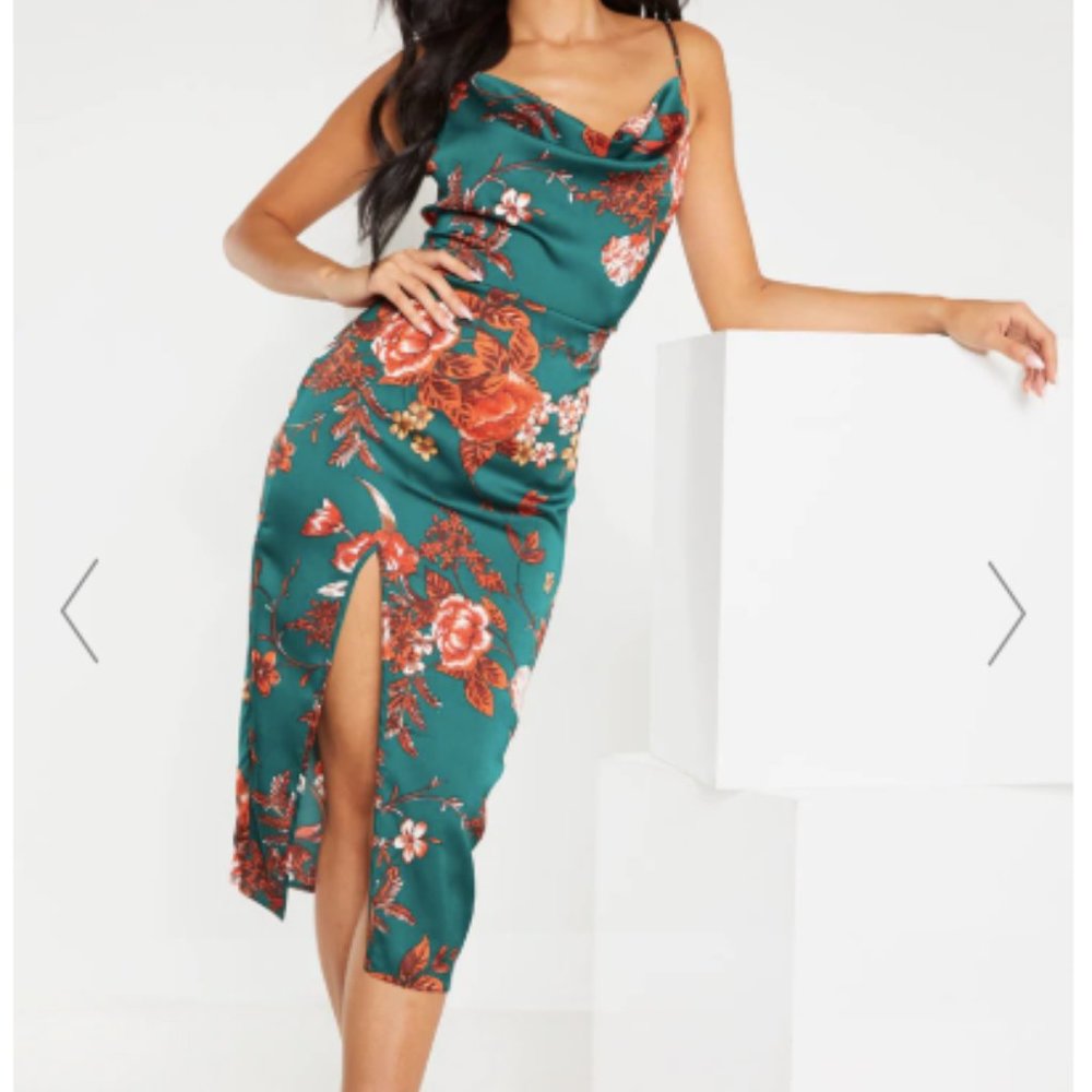 PLT Emerald Green Floral Satin Cowl Midi (XS)